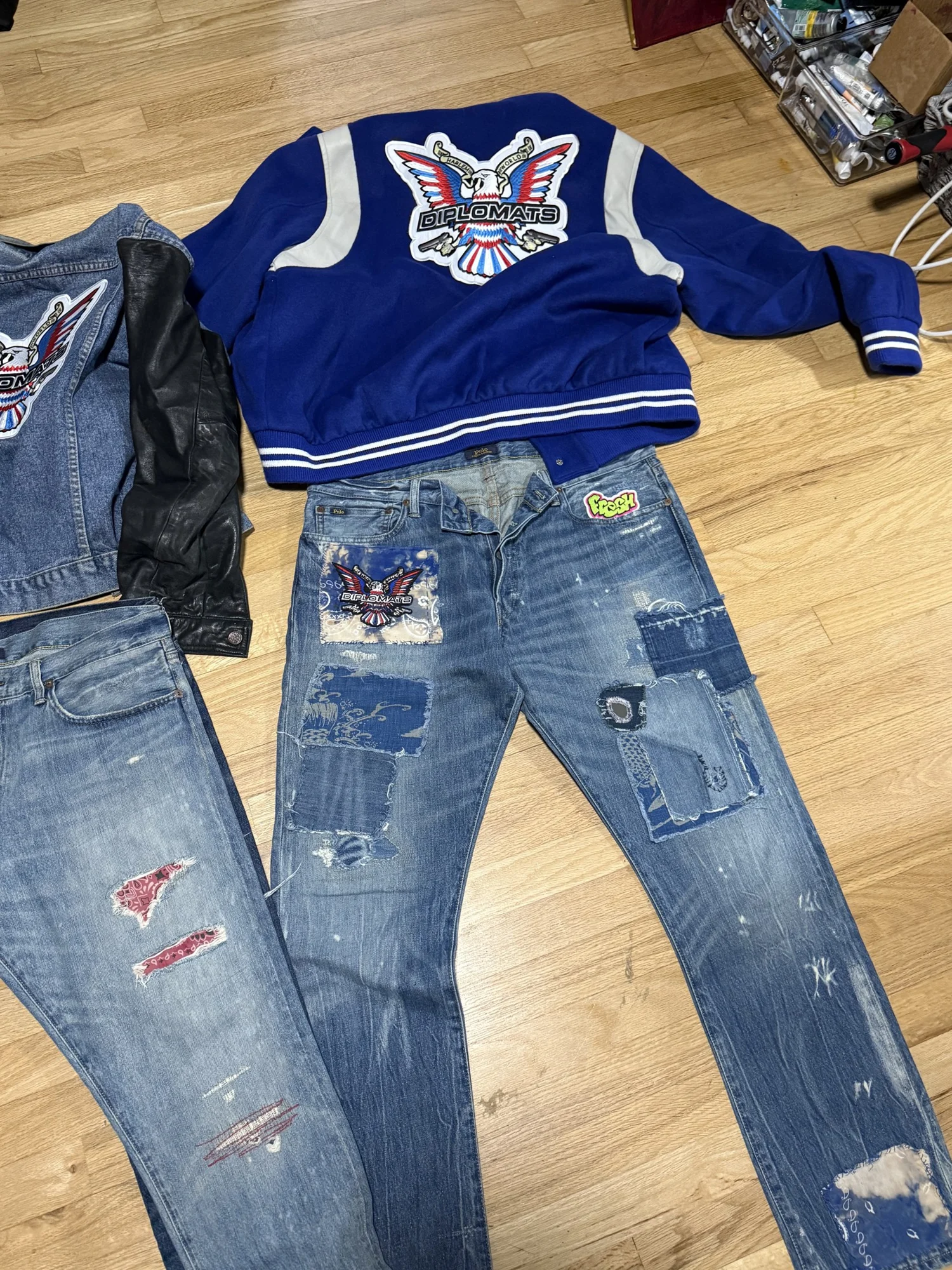Patched denim and varsity jacket