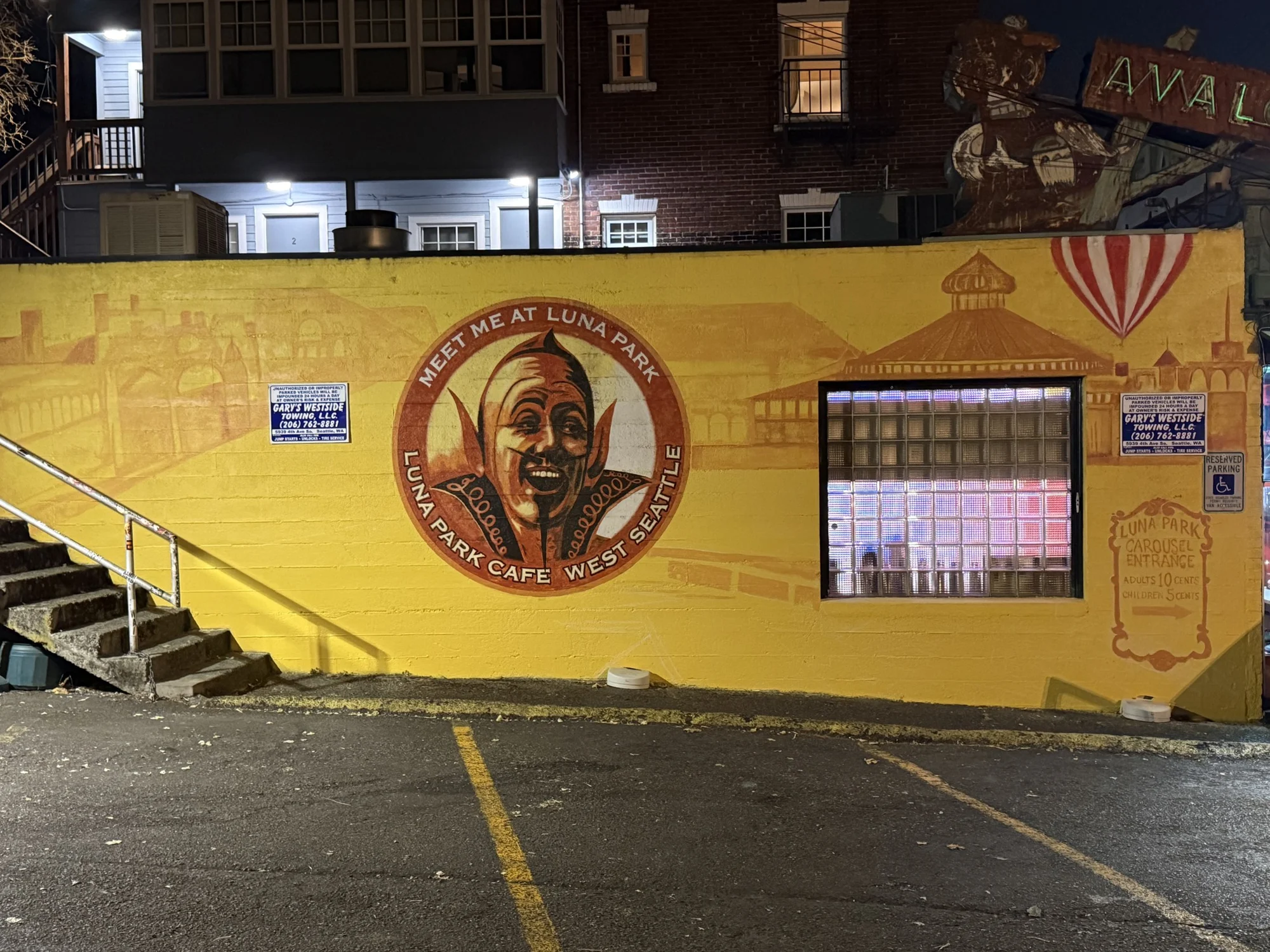 The painted façade at night